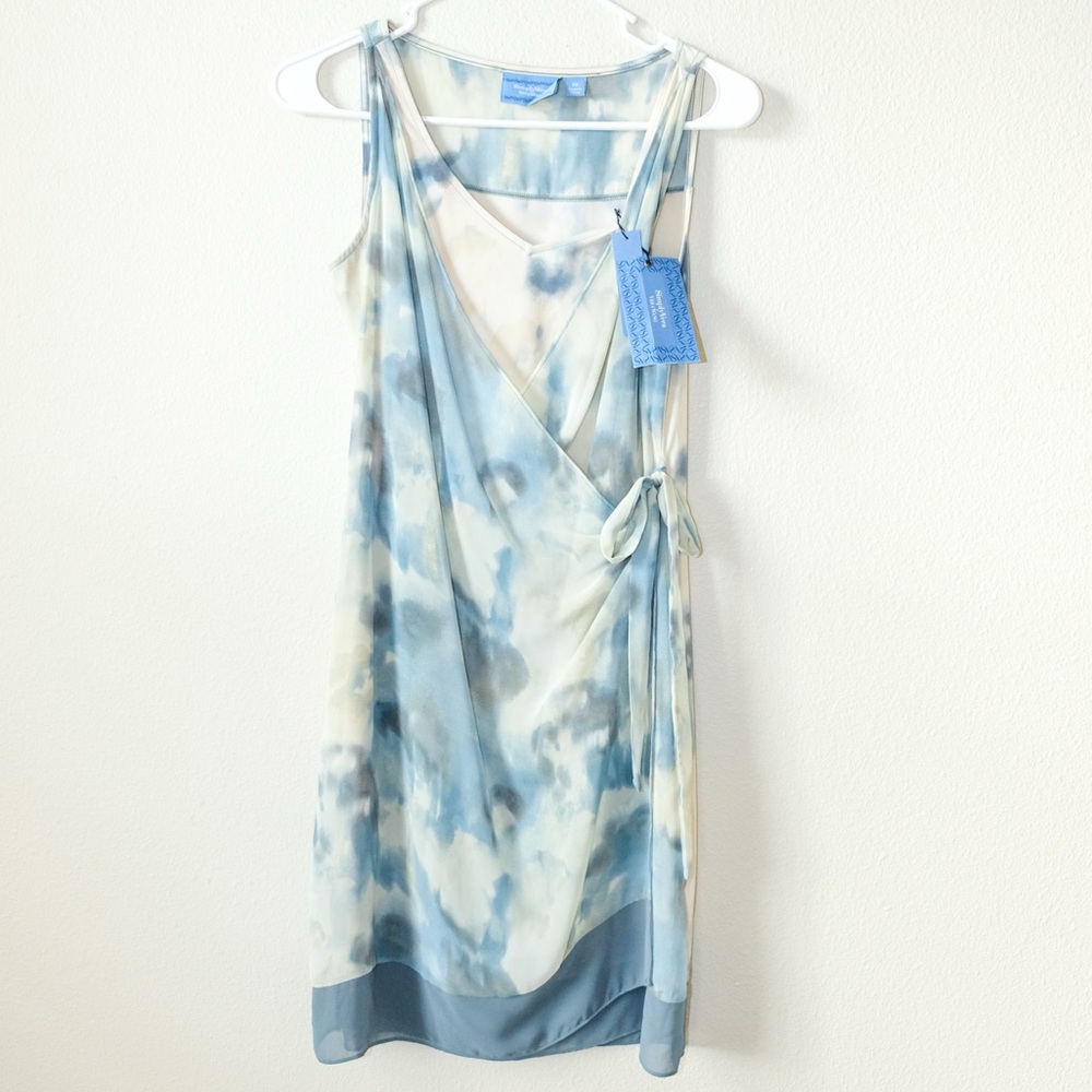 Simply Vera Vera Wang XS Blue Tie Dye Wrap Dress Sleeveless Sheer Layered